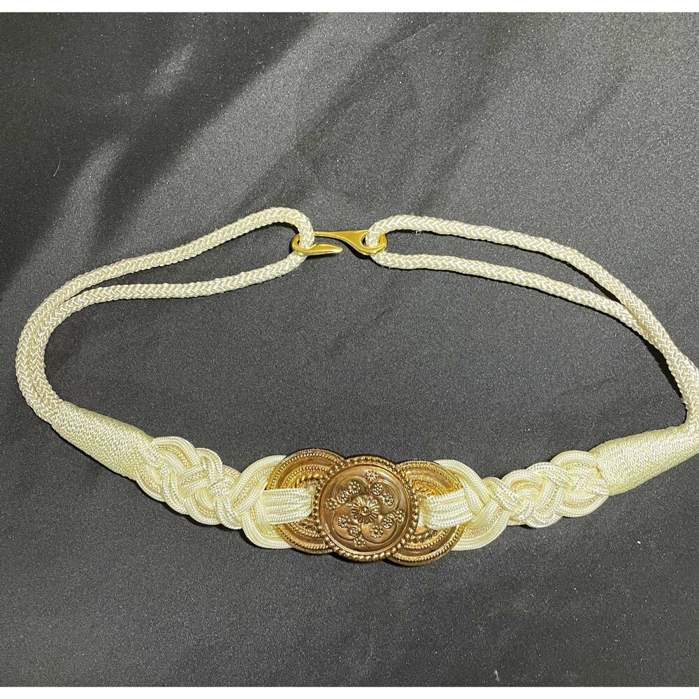 Vintage 80s Ivory Braided Rope Belt Gold Medallion Buckle Hook Clasp Boho M/L